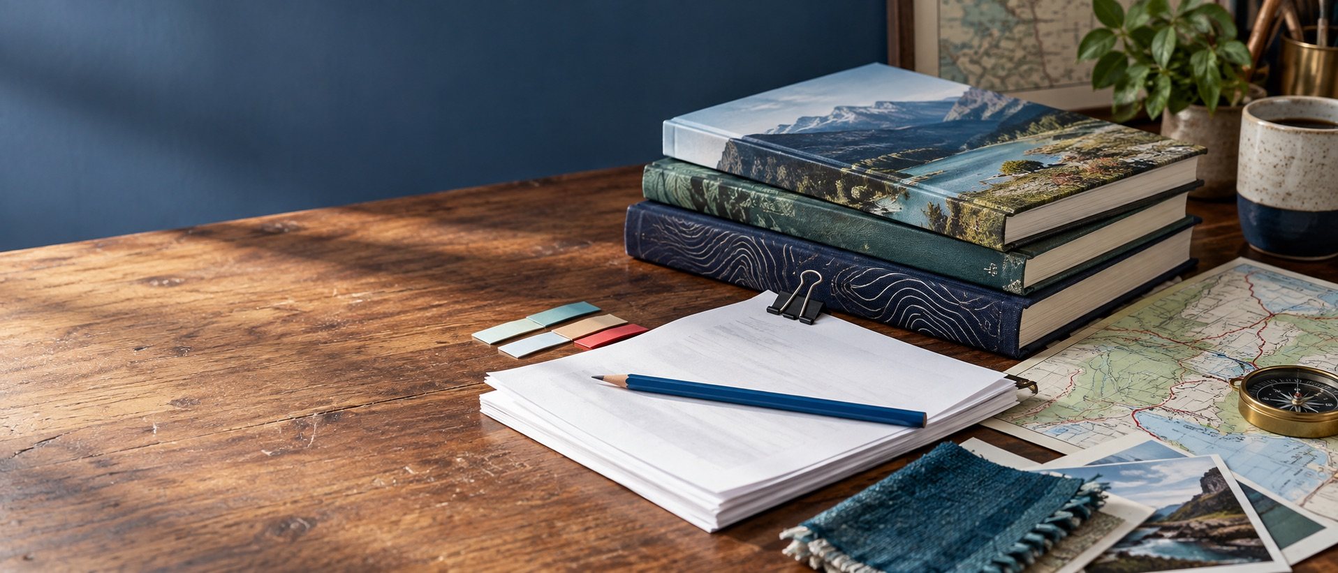 Specialty guidebooks, manuscript pages, a map, and textile swatches arranged on a publisher's worktable